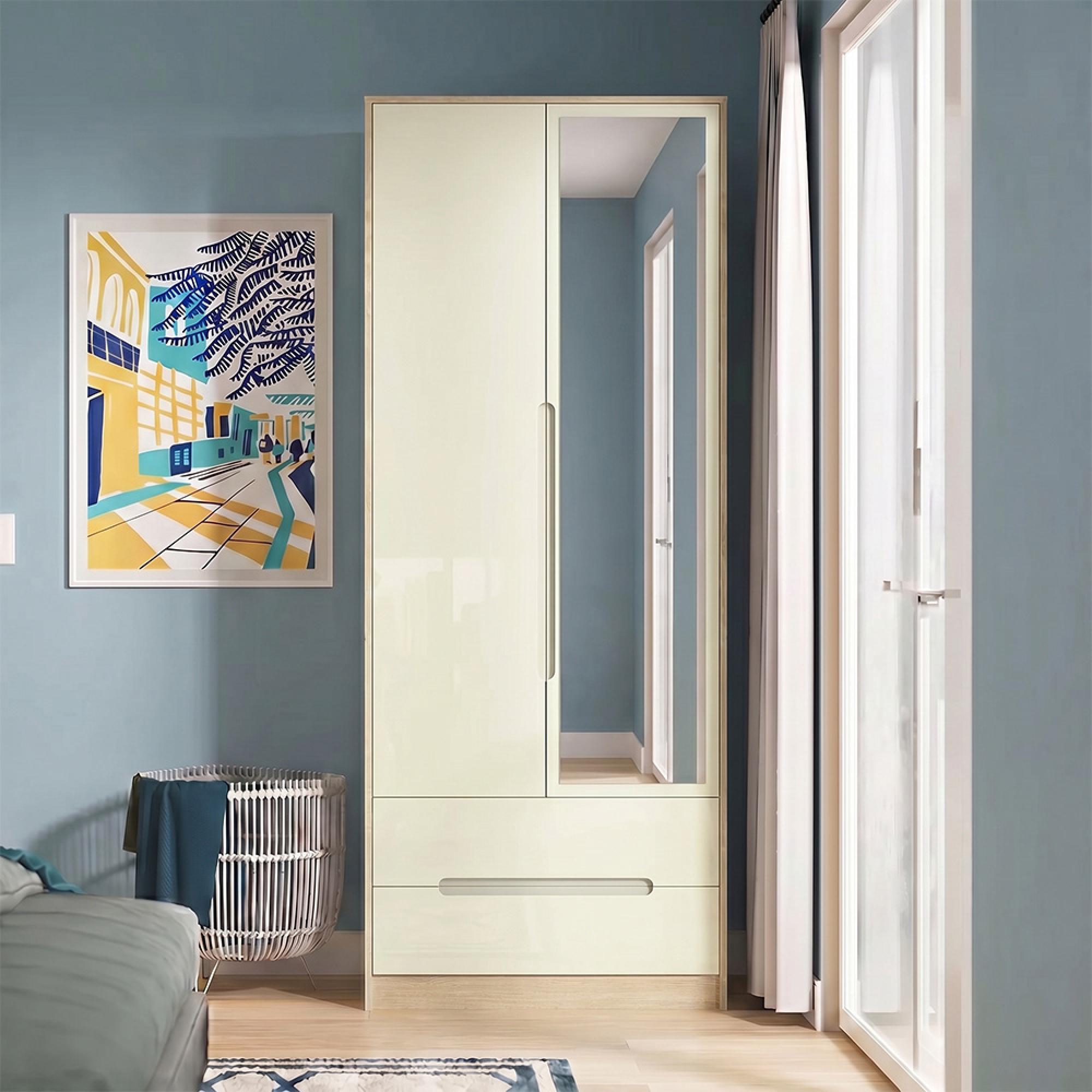 Monaco Wardrobe - 2 Door - 1 Mirror - Tall - Combi - Cream Gloss and Light Oak