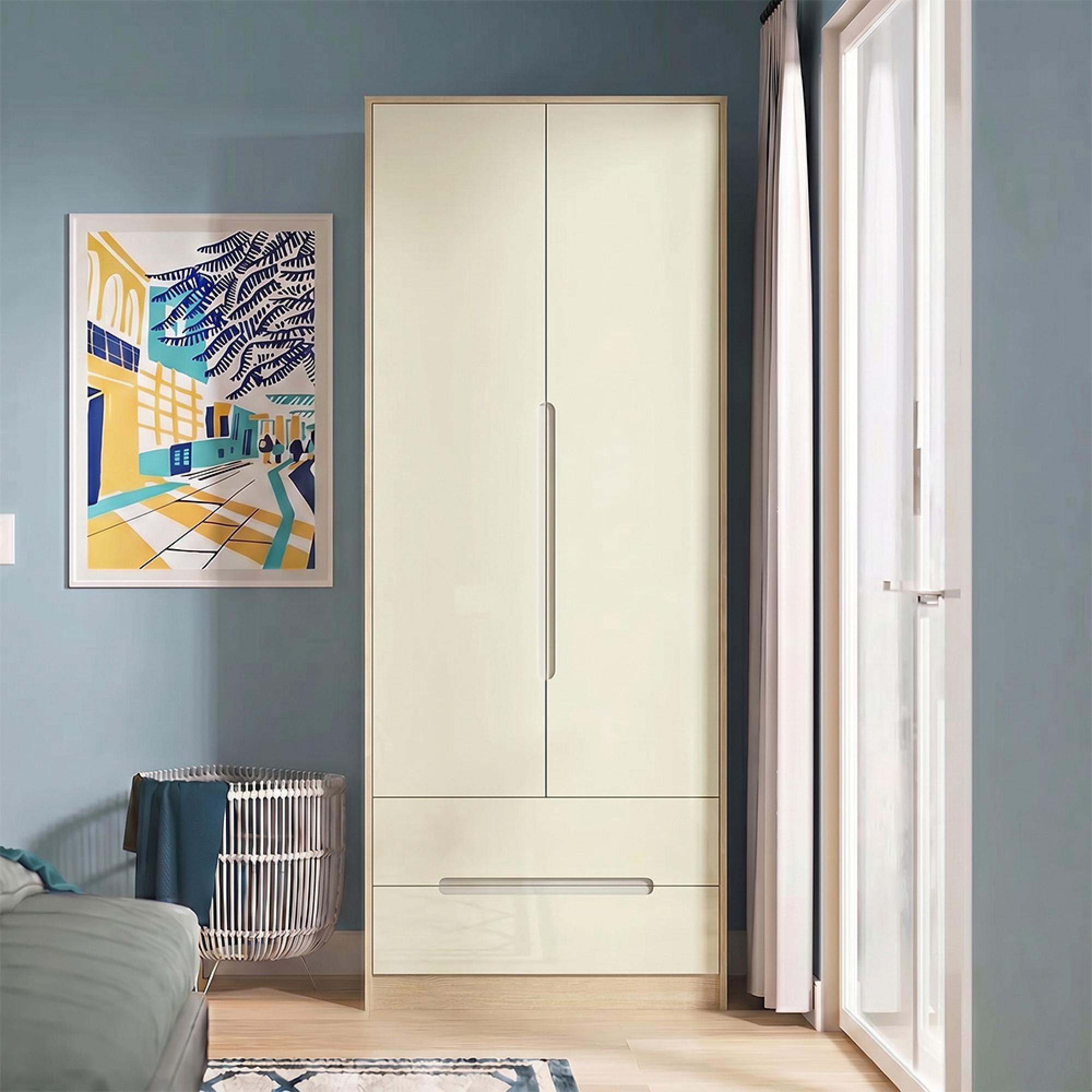 Monaco Wardrobe - 2 Door - 2 Drawer - Tall - Cream Gloss and Light Oak