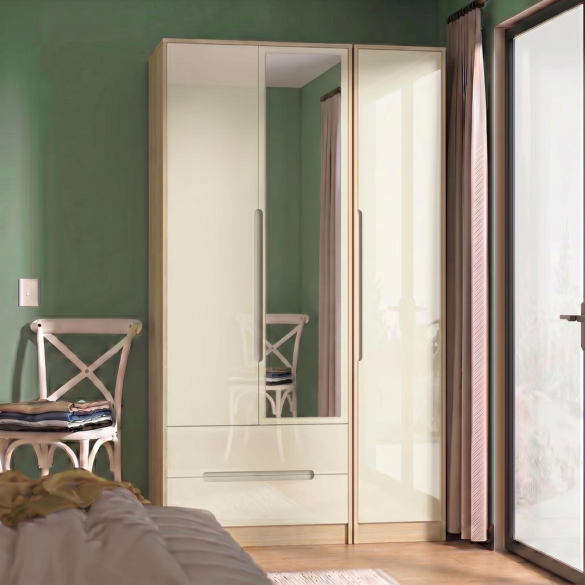 Monaco Wardrobe - 3 Door - 1 Mirror - LHF 2 Drawers - Tall - Combi - Cream Gloss and Light Oak