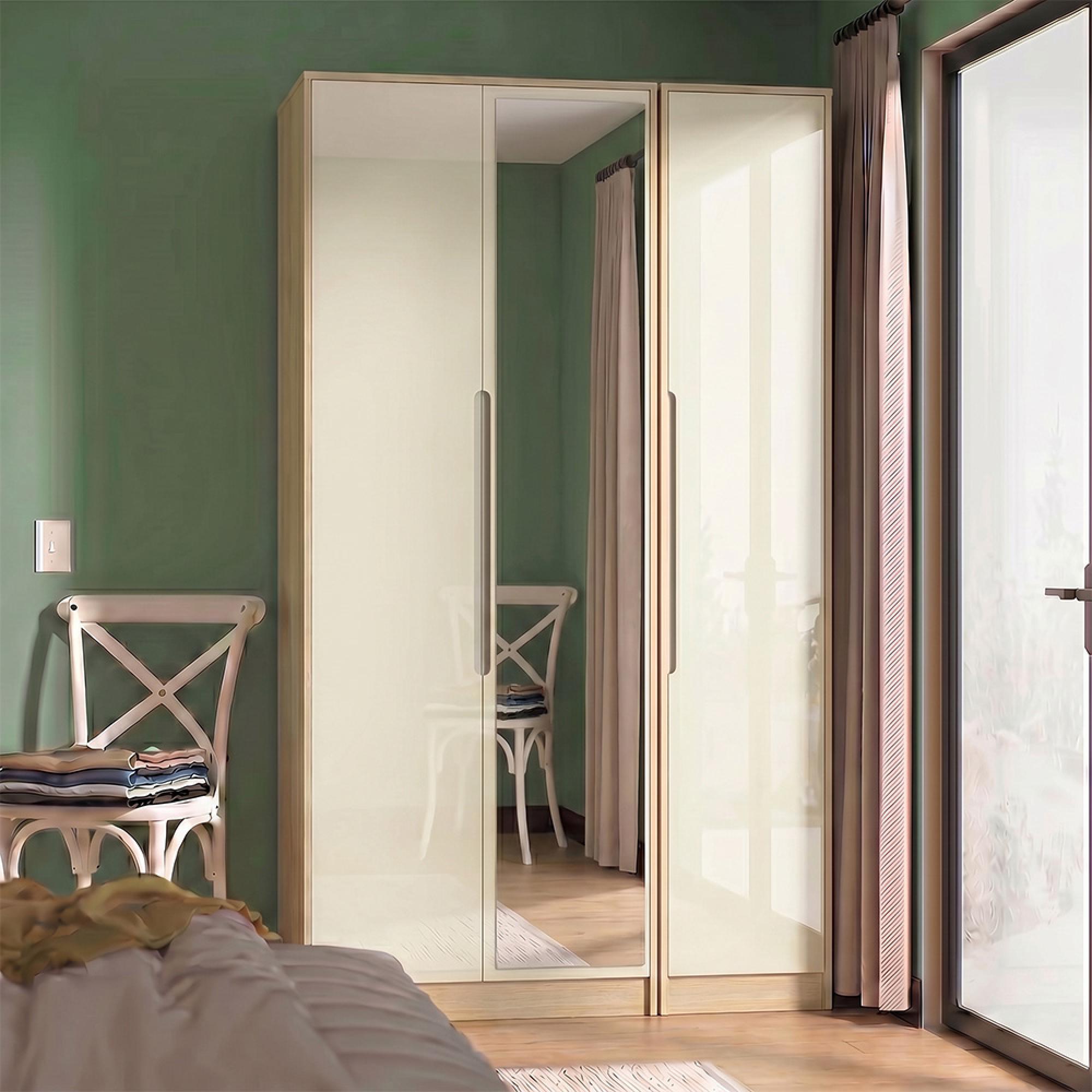 Monaco Wardrobe - 3 Door - 1 Mirror - Tall - Triple - Cream Gloss and Light Oak
