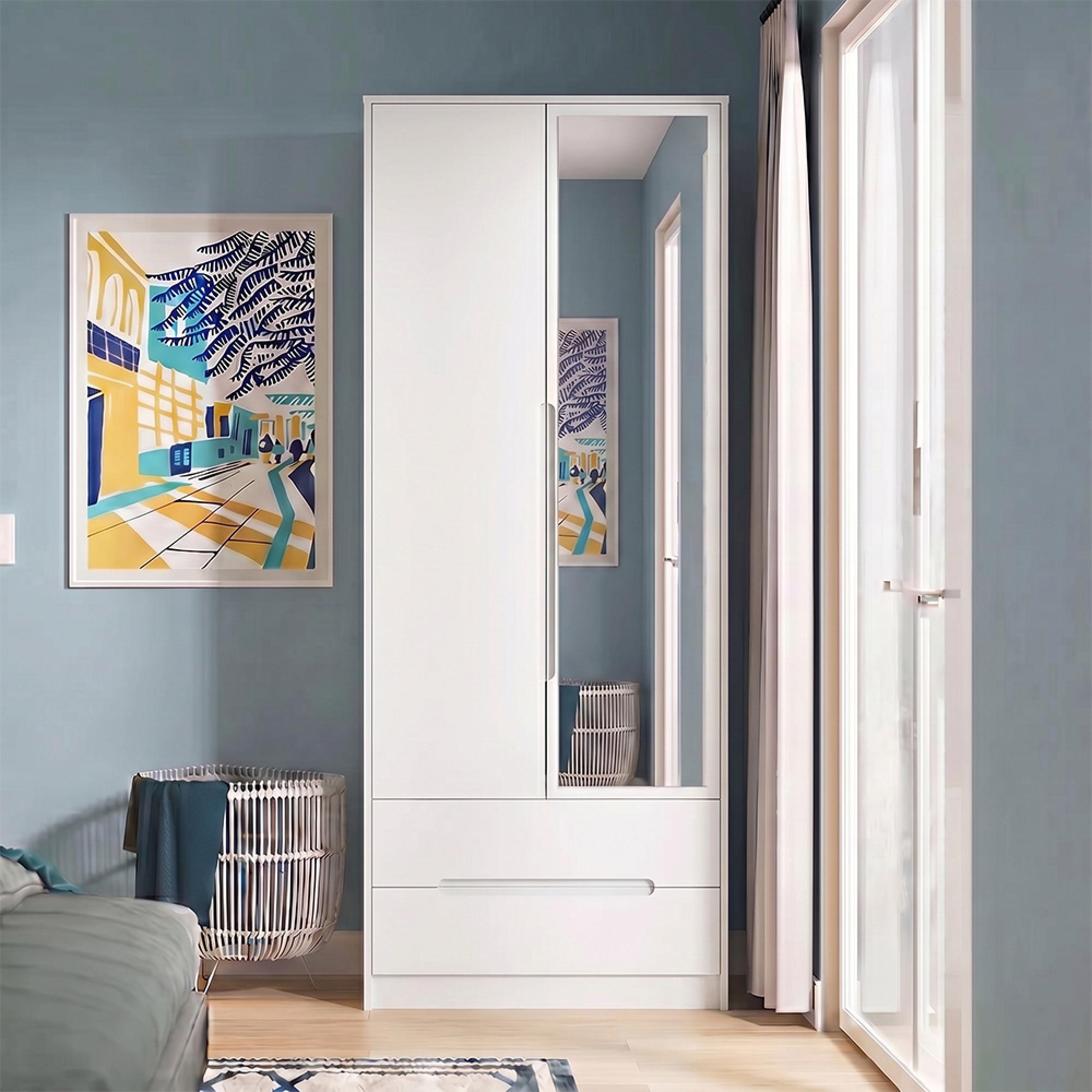 Monaco Wardrobe - 2 Door - 1 Mirror - Tall - Combi - White