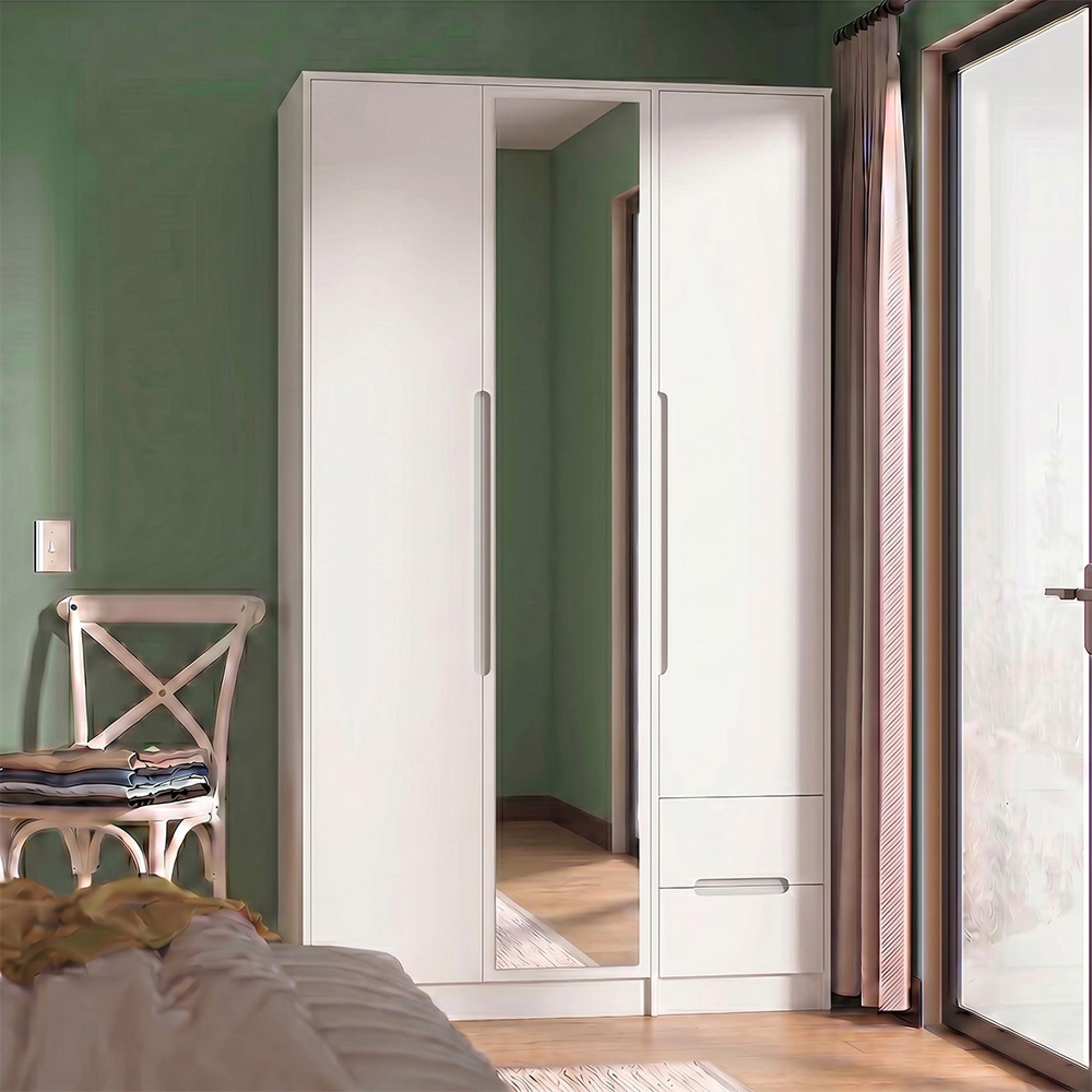 Monaco Wardrobe - 3 Door - 1 Mirror - RHF 2 Drawer - Tall - Combi - White