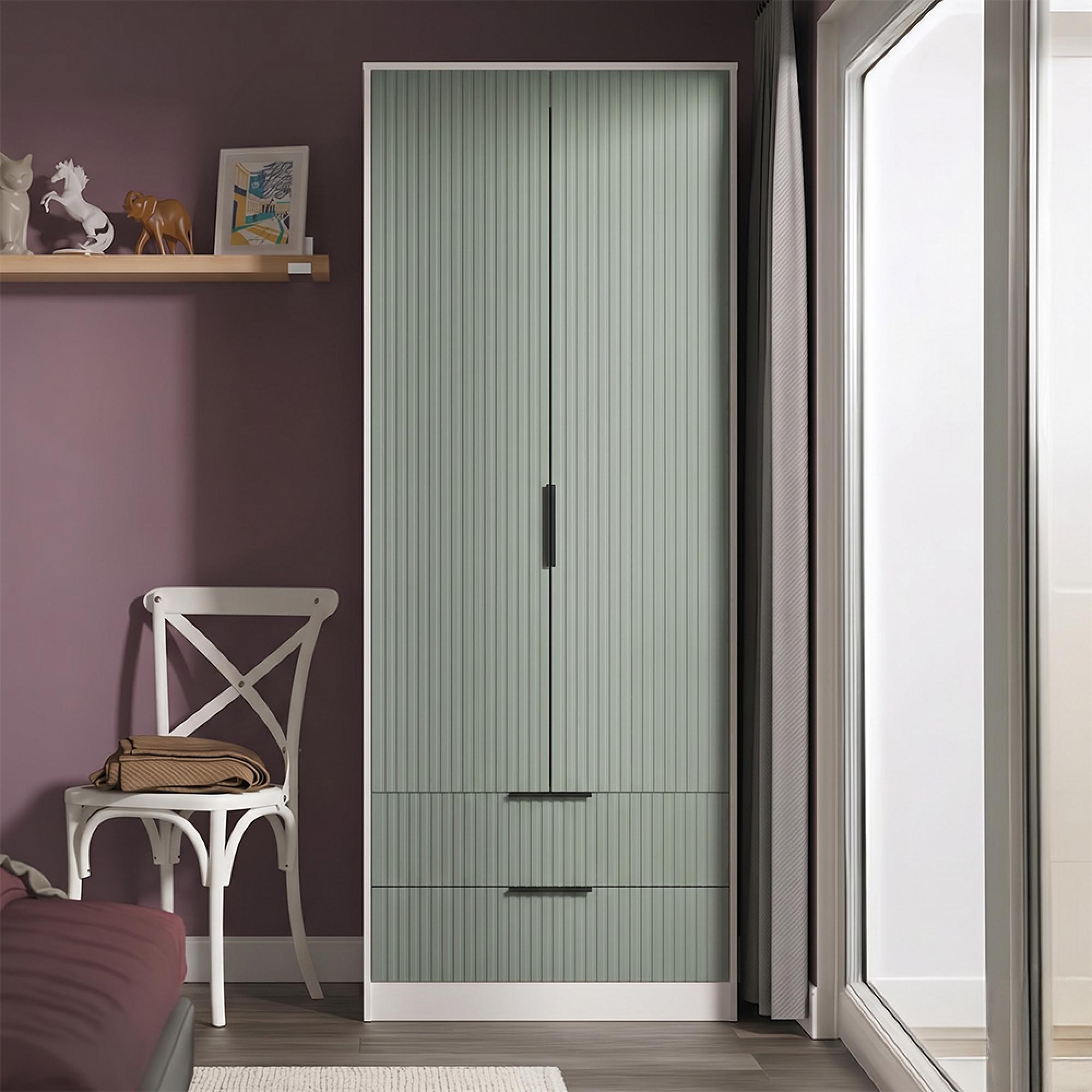 Fluted Wardrobe - 2 Door - 2 Drawer - Reed Green and White Matt