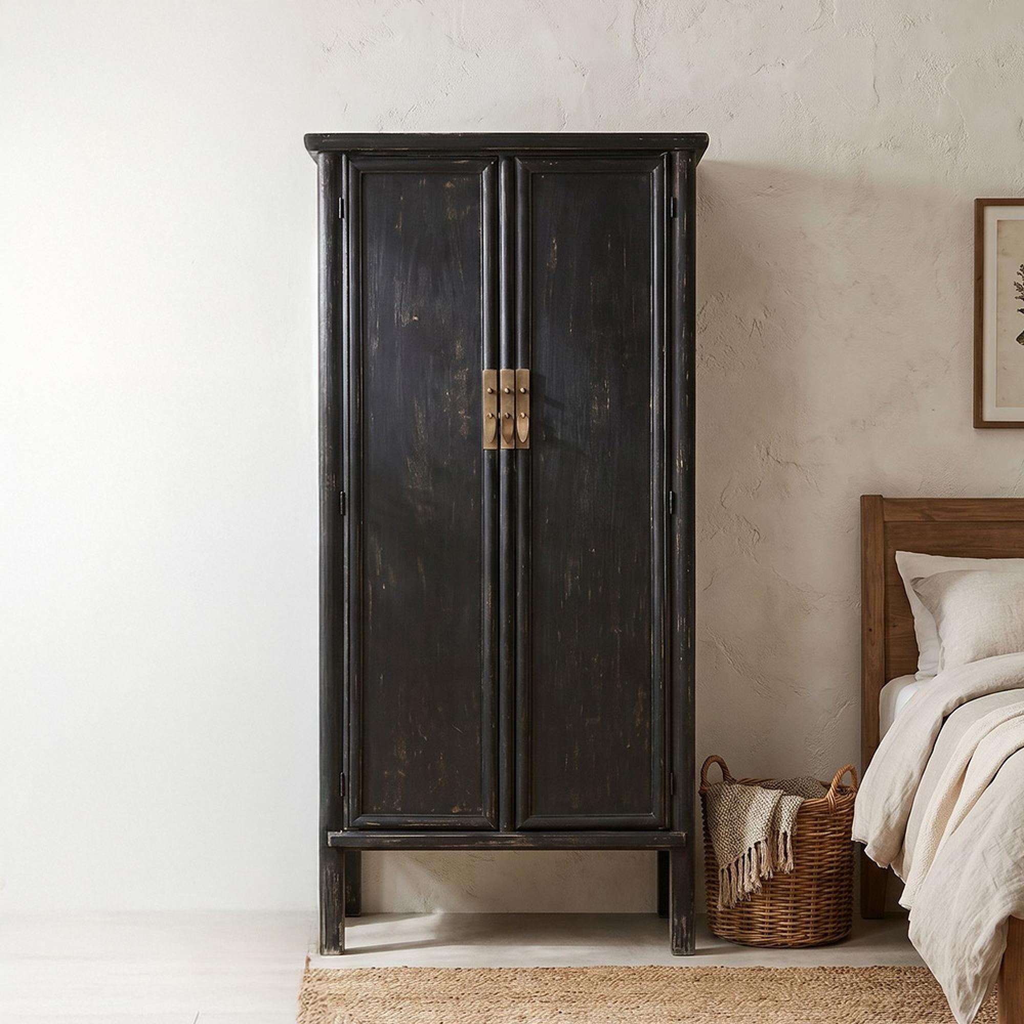 Icons Loes Distressed Wardrobe - 2 Door - Black - Elm Wood