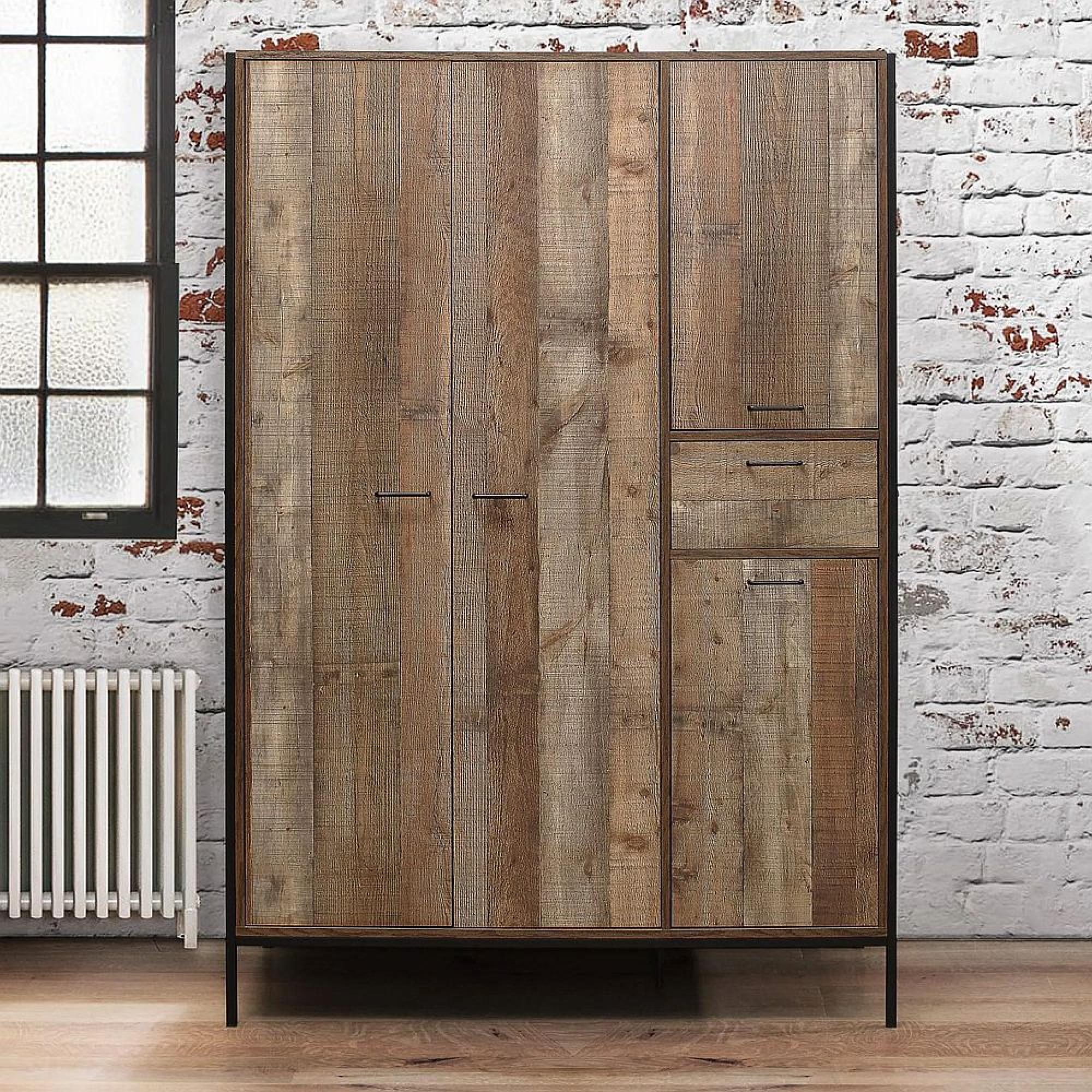 Clearance - Urban Wardrobe - Industrial Style - 4 Door 1 Drawer - Rustic Wood - FSS17389