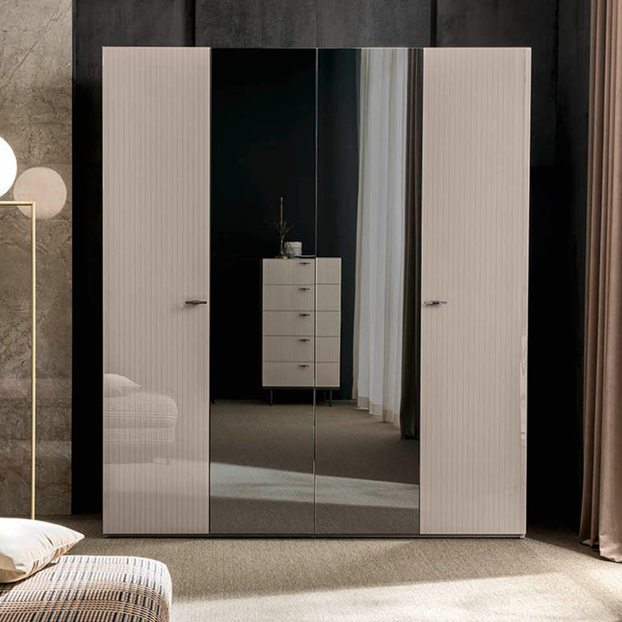 Claire Fluted Wardrobe - 4 Door 2 Mirror - Pearl Line Eco Veneer High Gloss