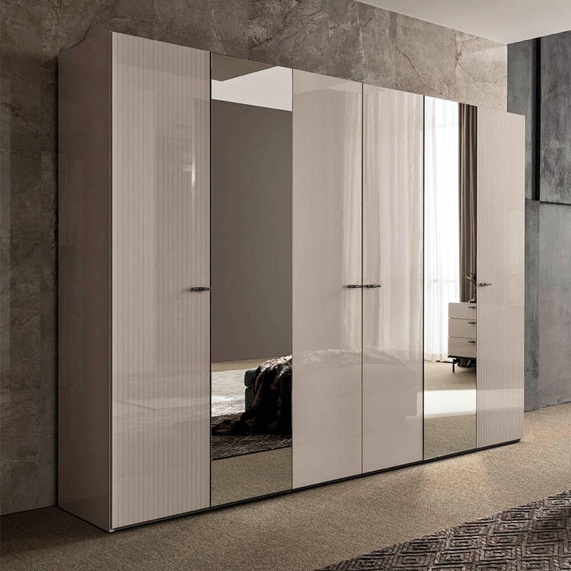 Claire Fluted Wardrobe - 6 Door 2 Mirror - Pearl Line Eco Veneer High Gloss