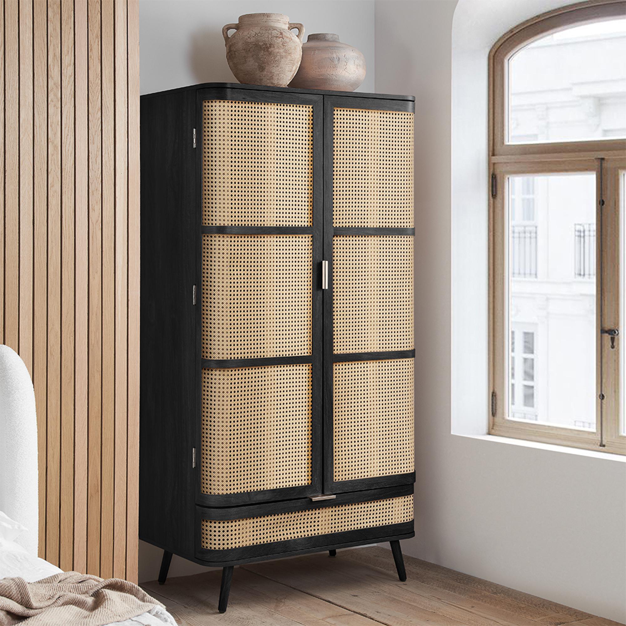 Noah Wardrobe - 2 Door - 1 Drawer - Black - Rattan