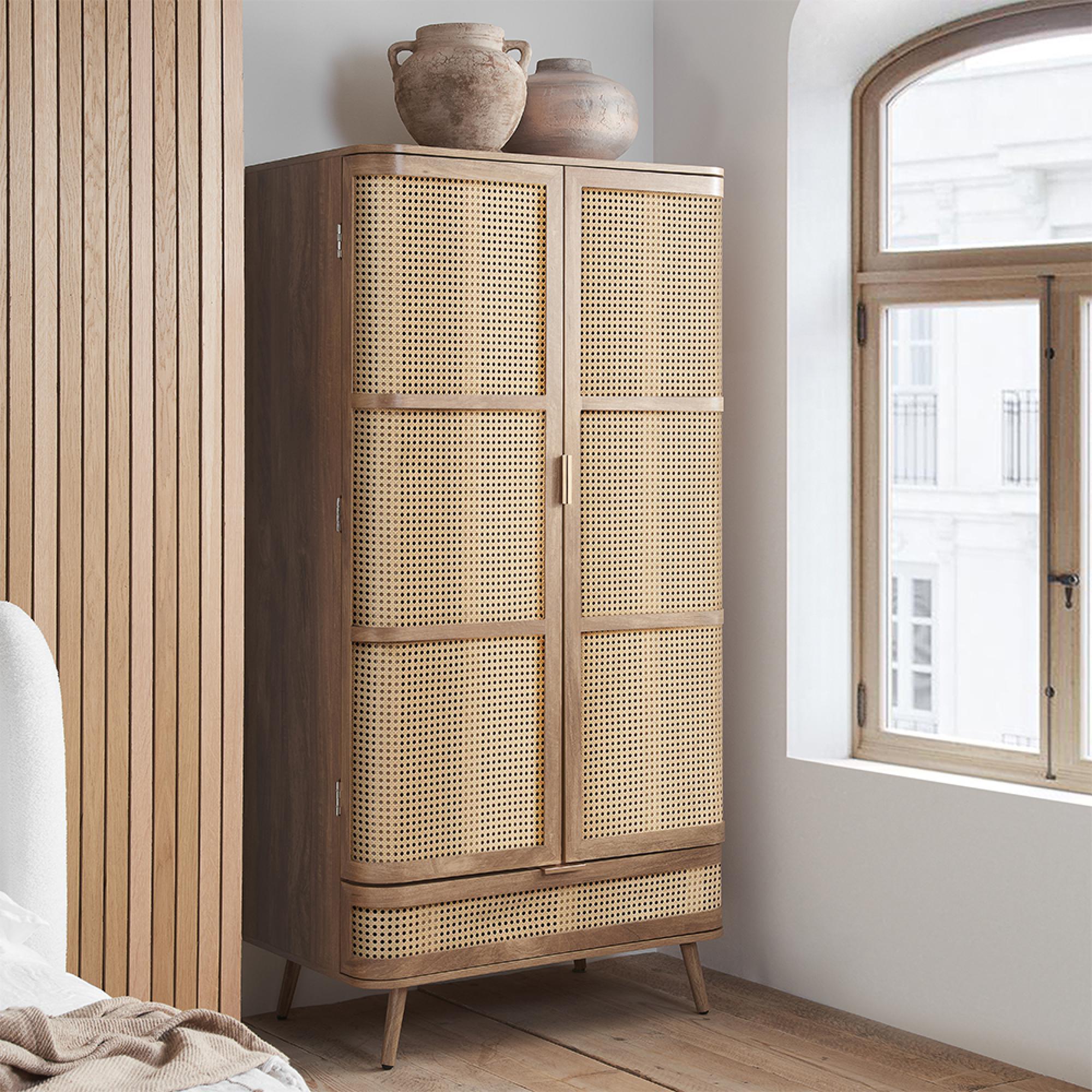 Noah Wardrobe - 2 Door - 1 Drawer - Oak and Rattan