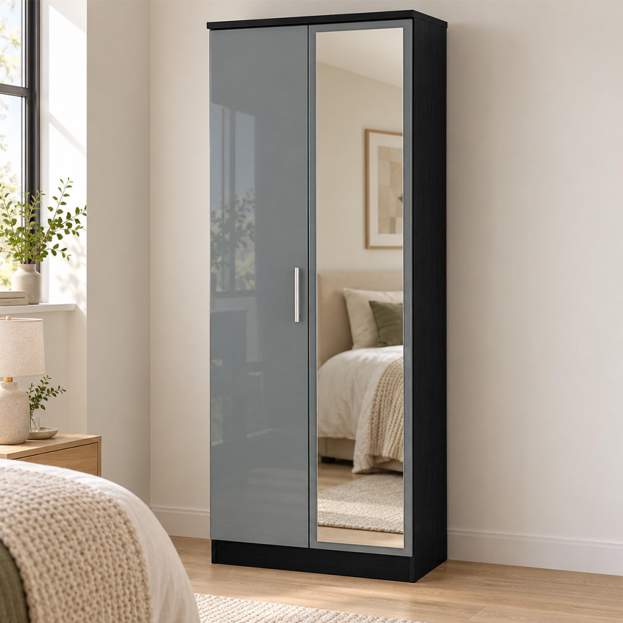 Knightsbridge Grey Gloss and Black 2 Door 1 Mirror Tall Wardrobe