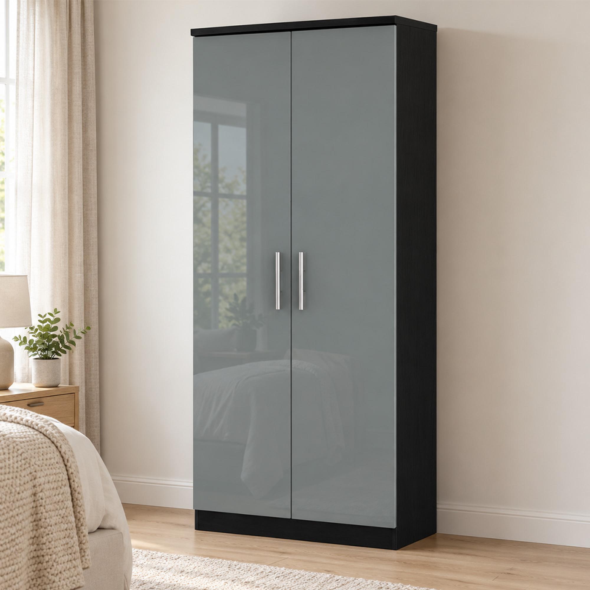 Knightsbridge Grey Gloss and Black 2 Door Plain Wardrobe