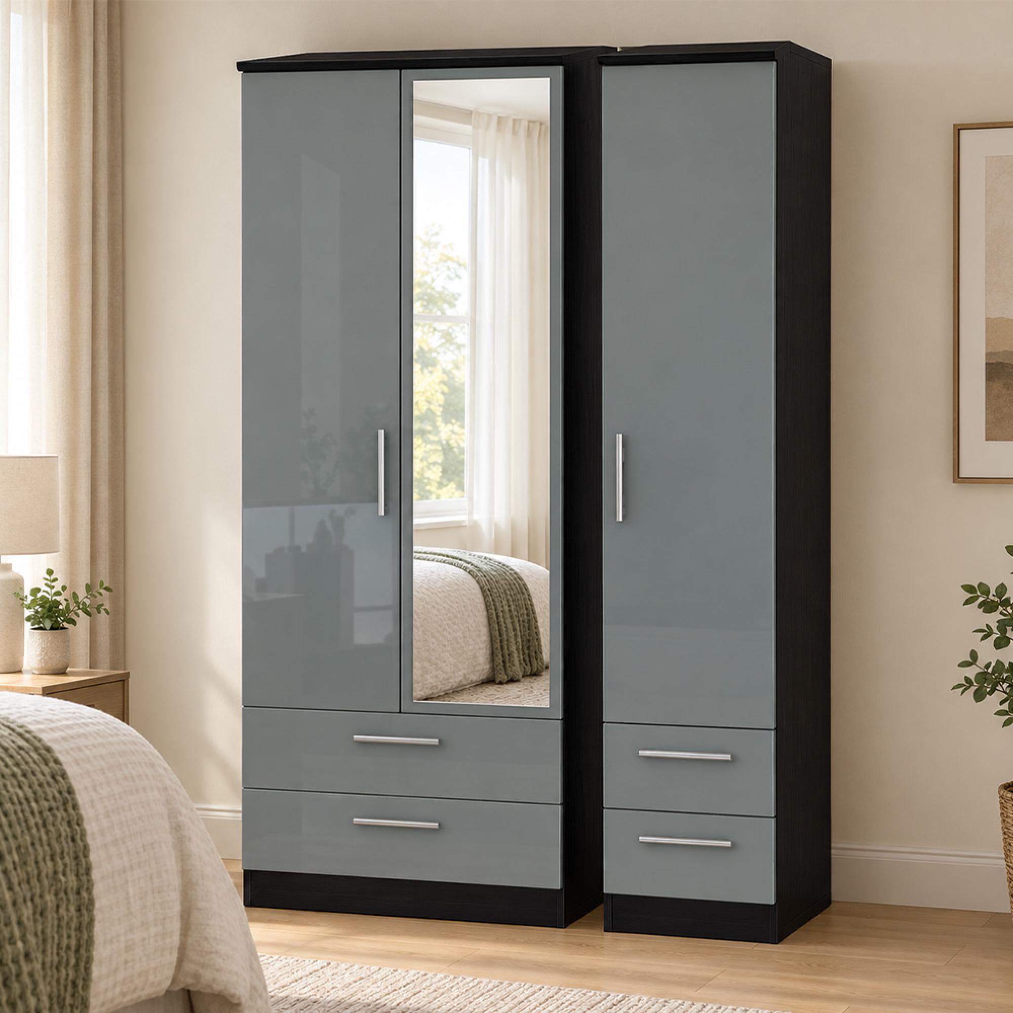 Knightsbridge Grey Gloss and Black 3 Door 1 Mirror Combi Tall Wardrobe
