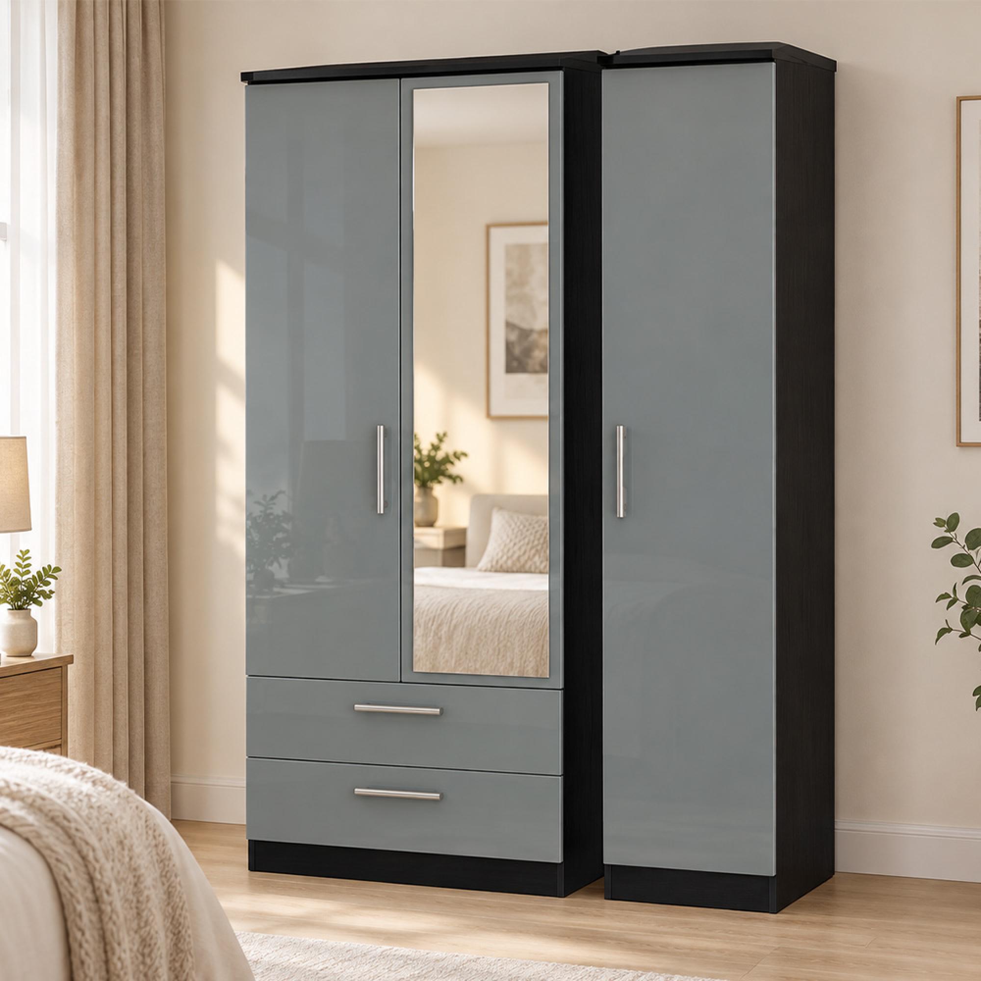 Knightsbridge Grey Gloss and Black 3 Door 1 Mirror LHF 2 Drawer Combi Wardrobe
