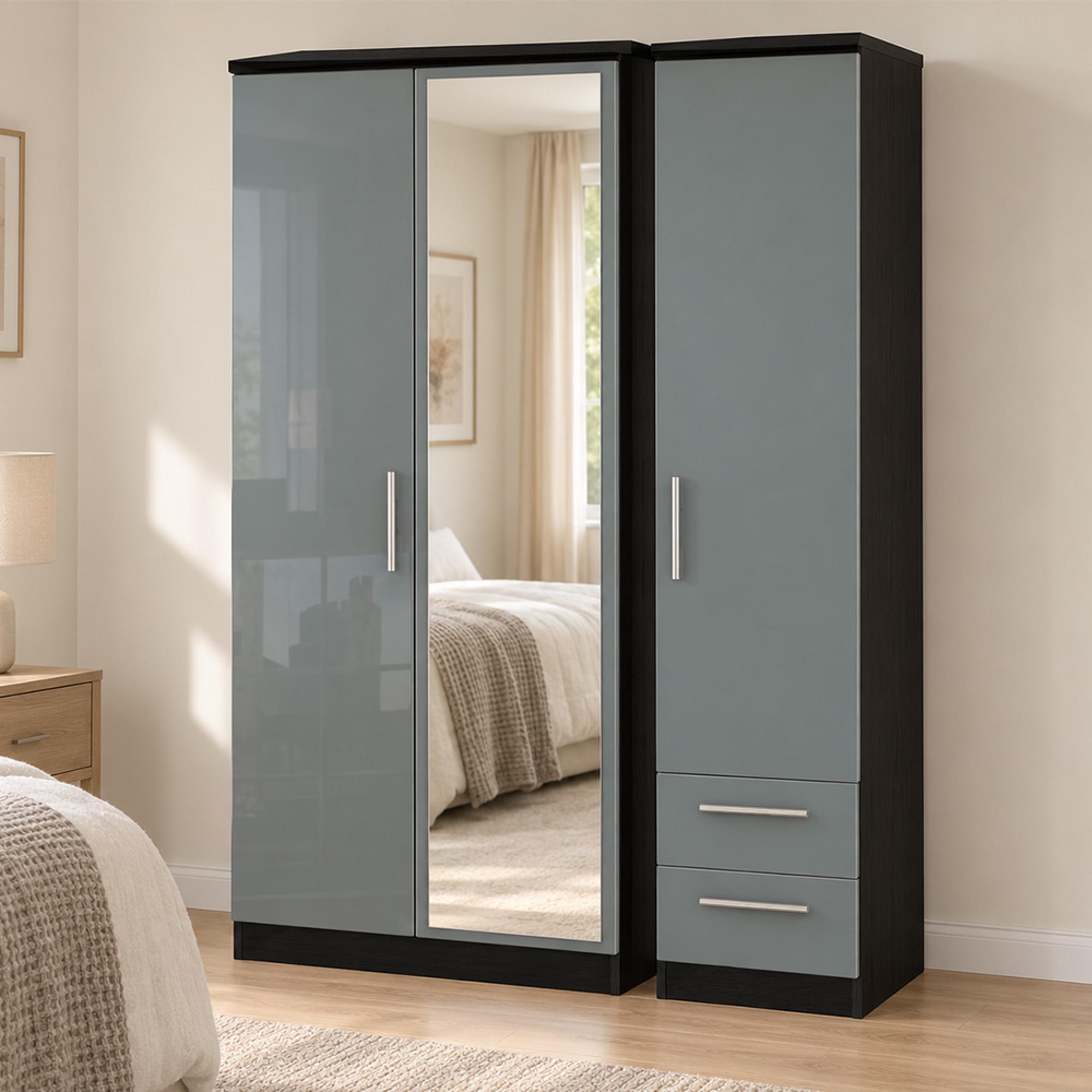 Knightsbridge Grey Gloss and Black 3 Door 1 Mirror RHF 2 Drawer Combi Wardrobe