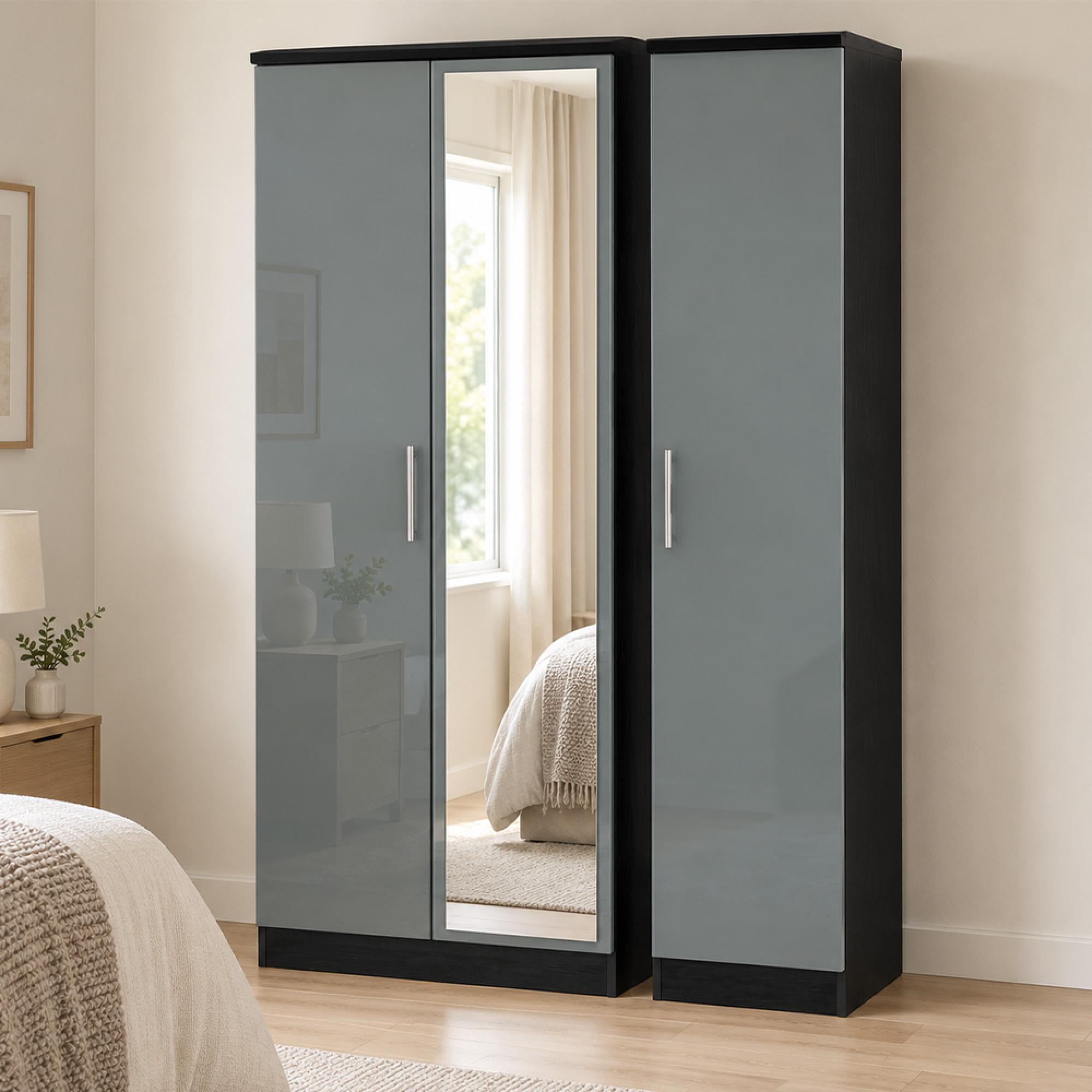 Knightsbridge Grey Gloss and Black 3 Door 1 Mirror Triple Tall Wardrobe
