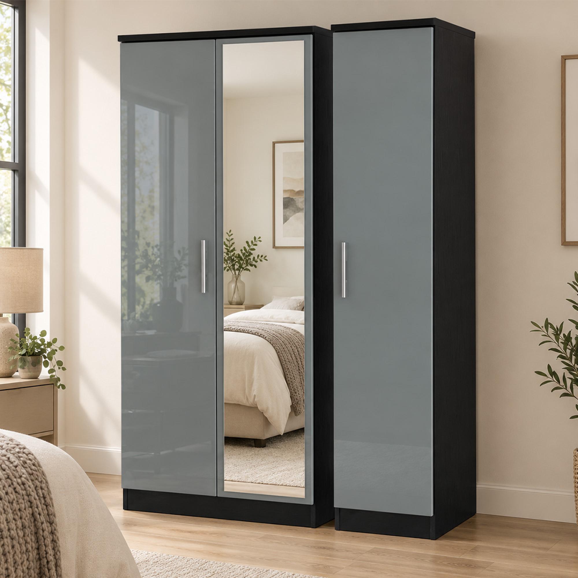Knightsbridge Grey Gloss and Black 3 Door 1 Mirror Triple Wardrobe
