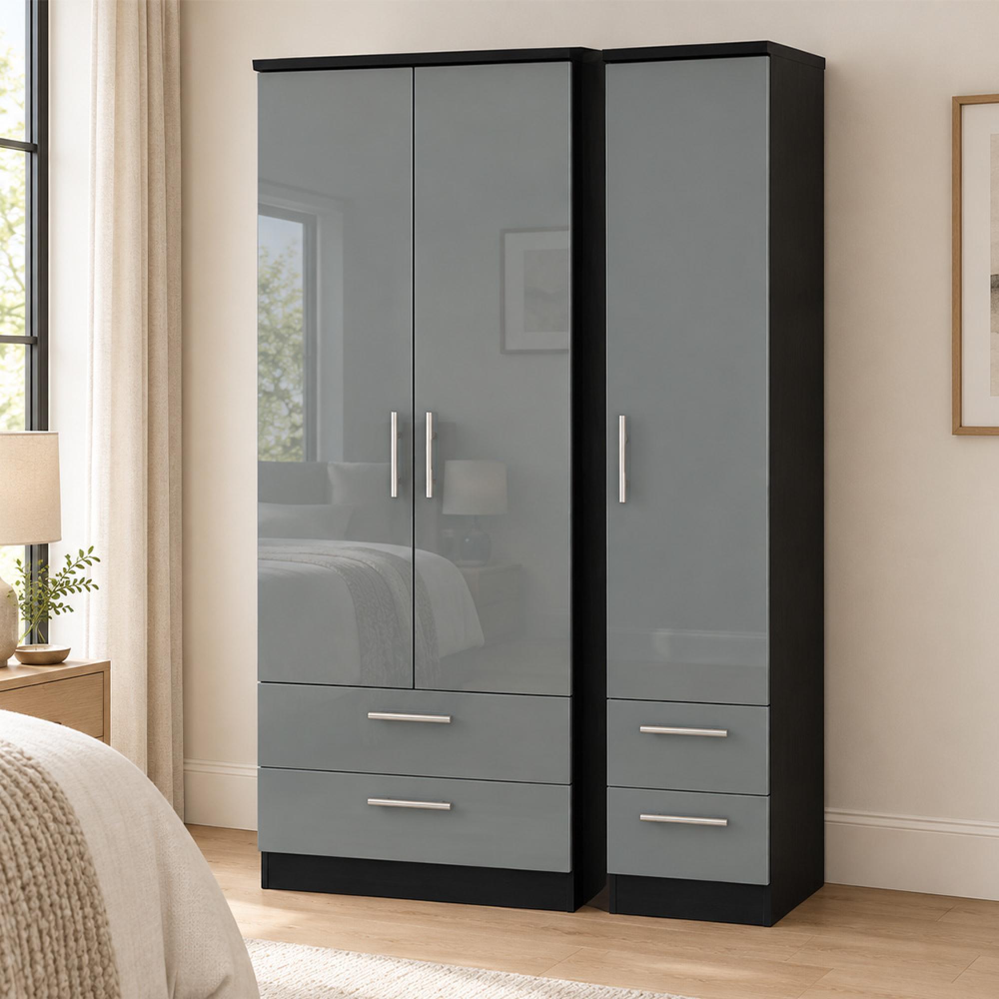 Knightsbridge Grey Gloss and Black 3 Door 4 Drawer Triple Tall Wardrobe