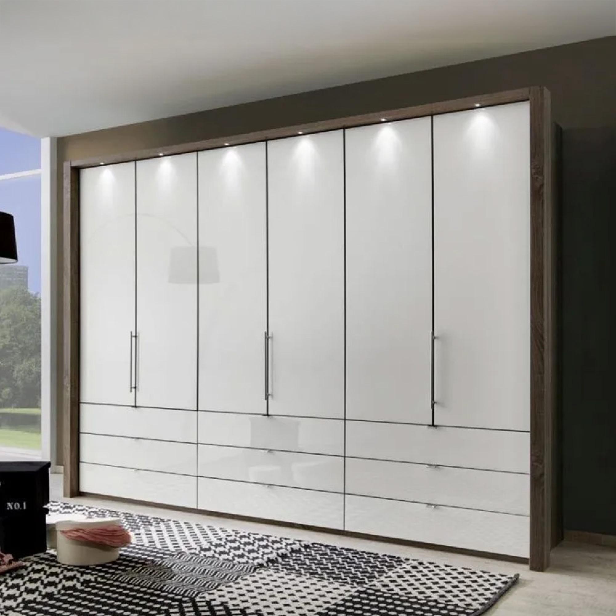 Loft Grey Glass and Oak Carcase 6 Door Bi Fold 9 Drawer Wardrobe