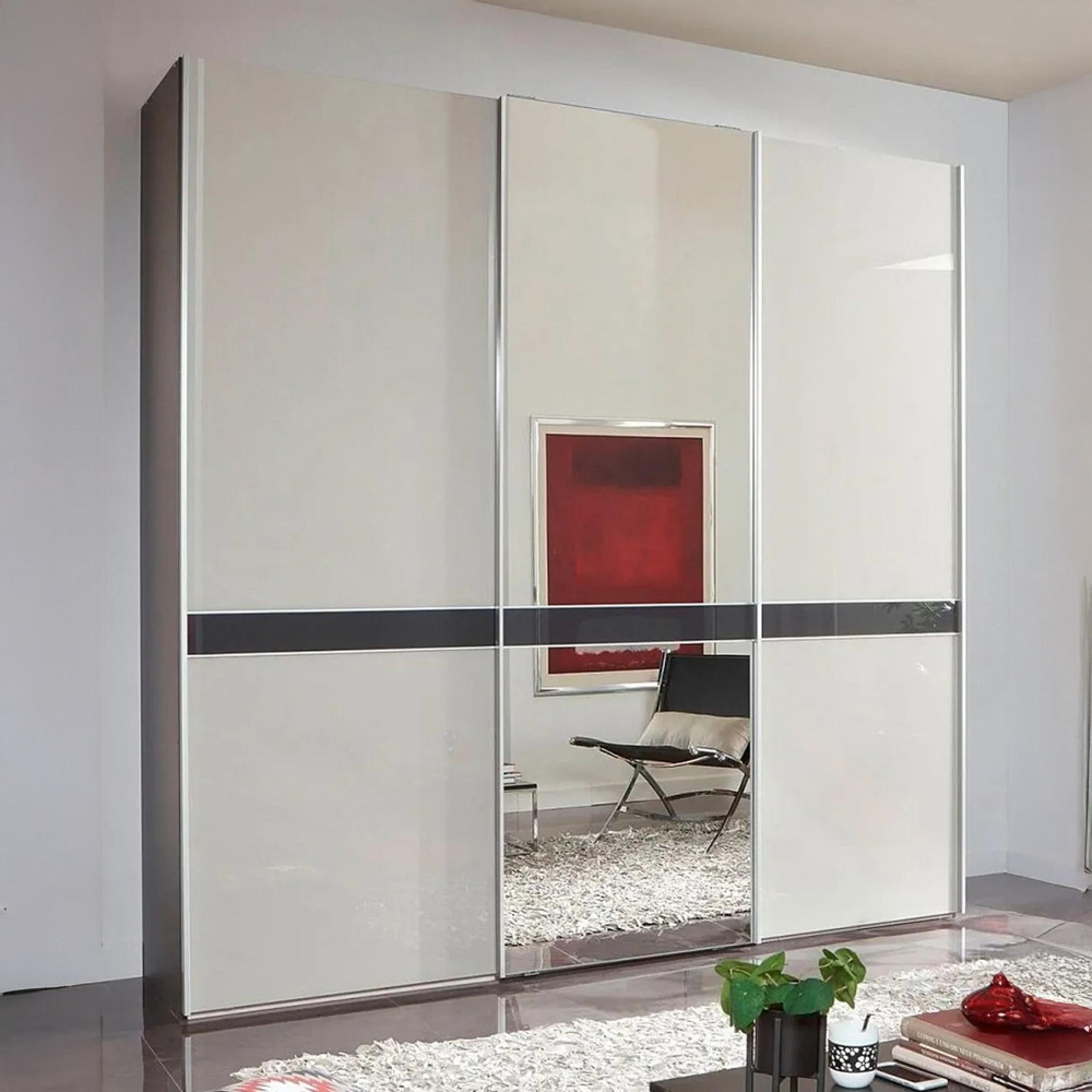 Rialto White Glass and Graphite Trim 3 Door Mirror Sliding Wardrobe