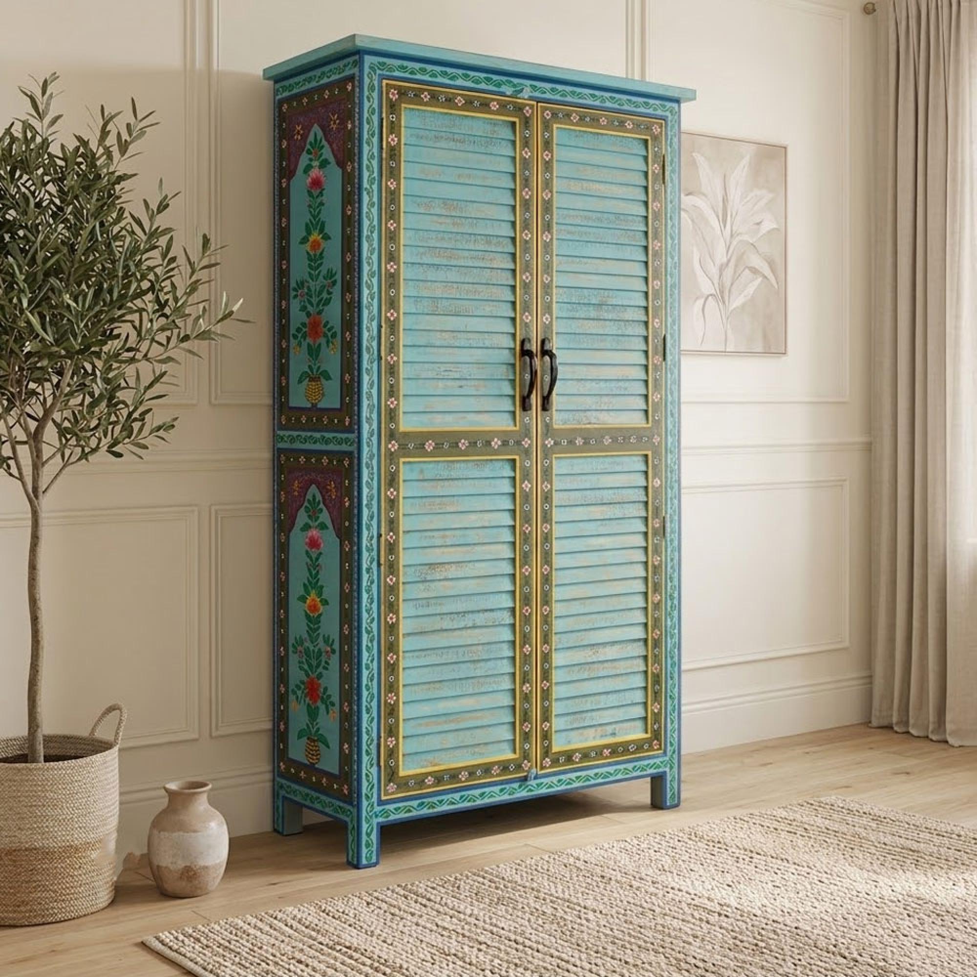 Numek Distressed Turquoise Blue Mango Wood Hand Painted 2 Door Wardrobe