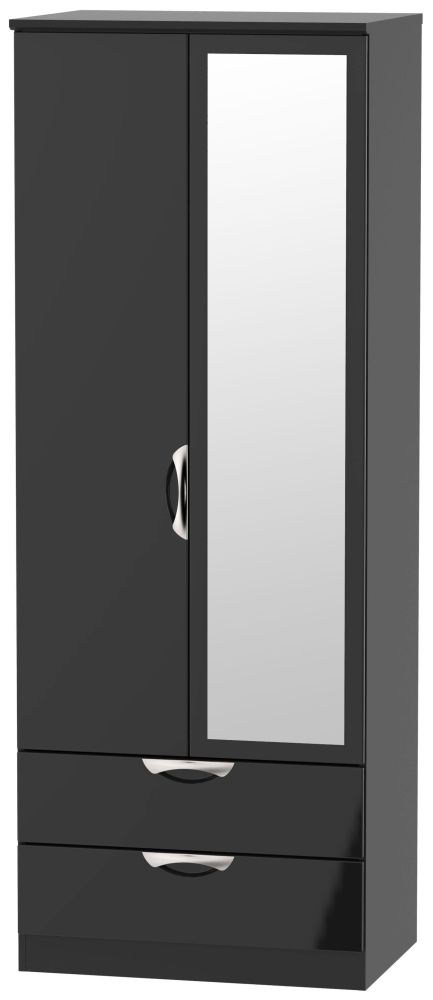 Camden Wardrobe - 2 Door - Tall Combi with 1 Mirror - Black Gloss