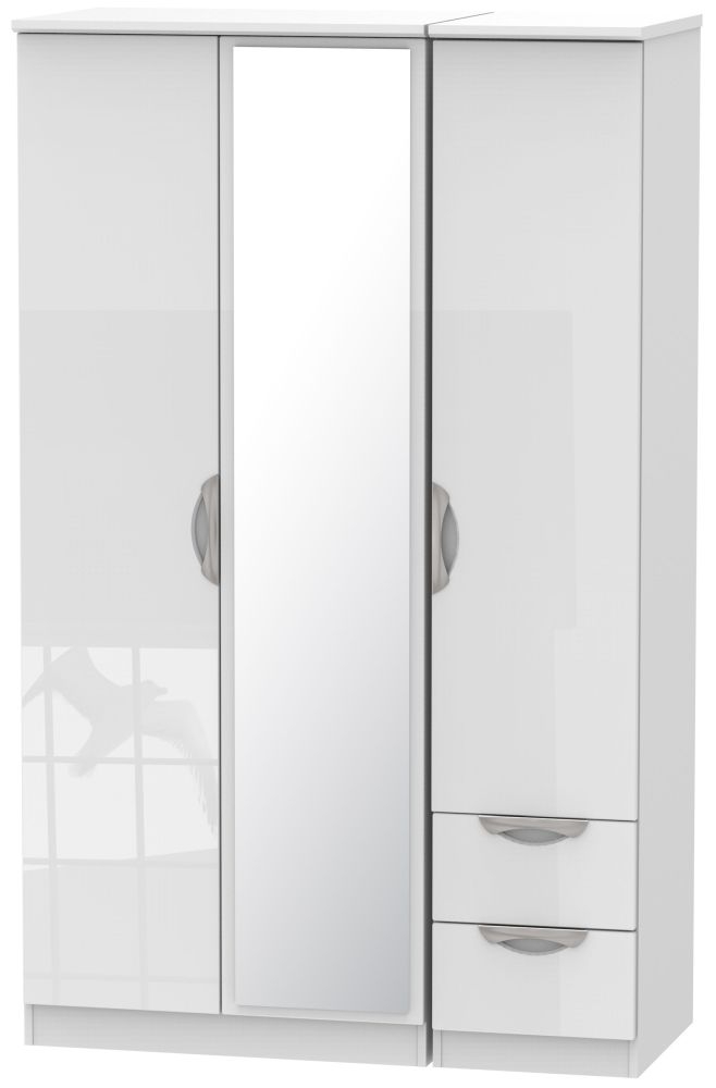 Camden Wardrobe - 3 Door - Combi with 1 Mirror - RHF 2 Drawers - White Gloss