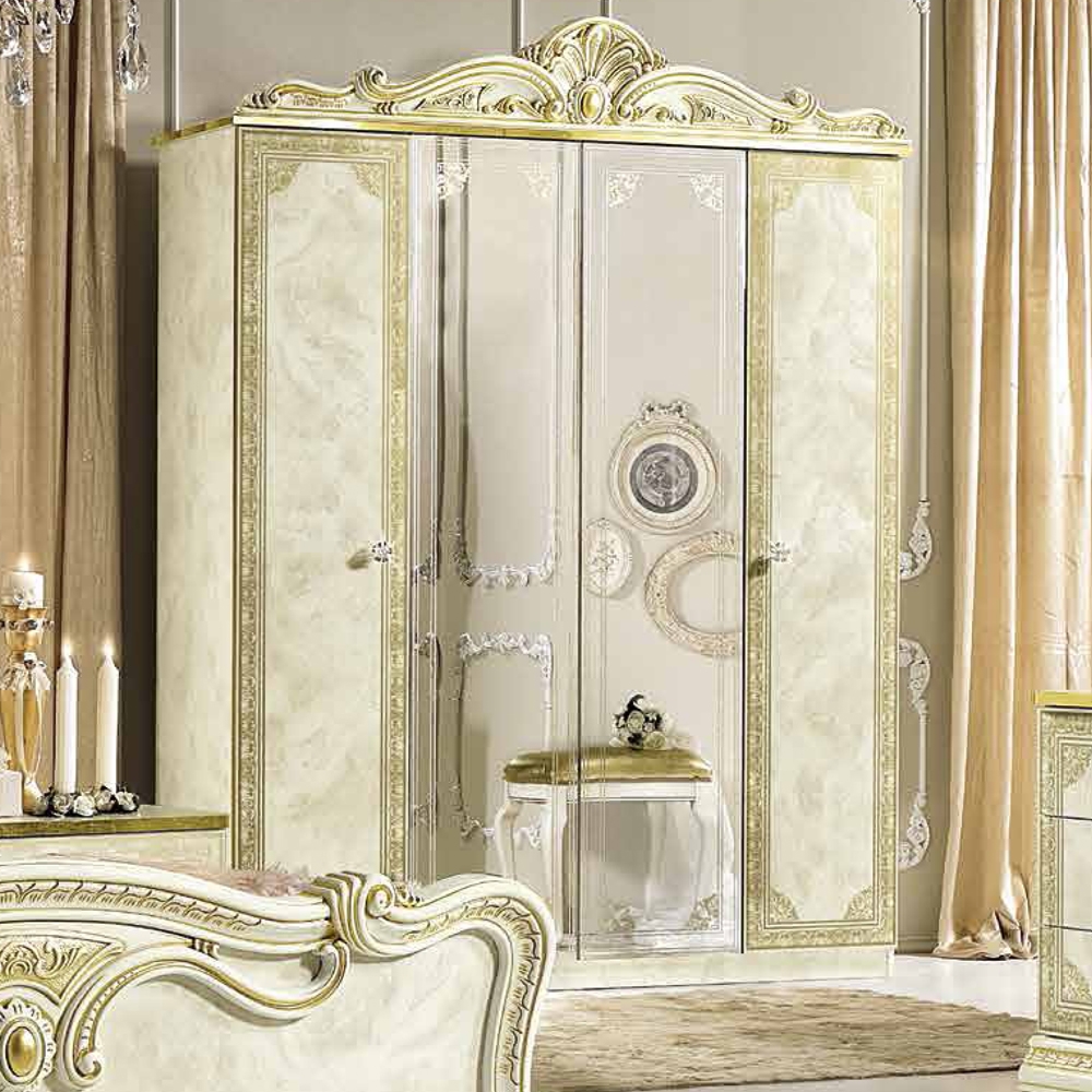 Leonardo Wardrobe - 4 Door - with Mirrors - Ivory Gloss and Gold