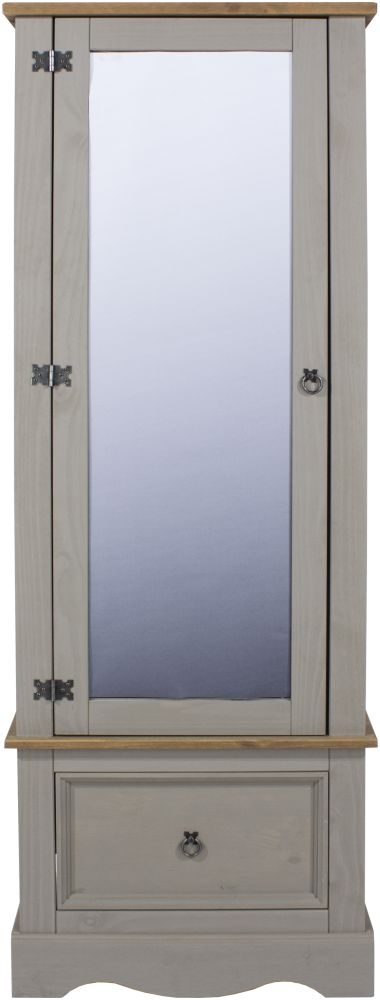 Corona Wardrobe - 1 Door Mirror - 1 Drawer - Grey Mexican Pine