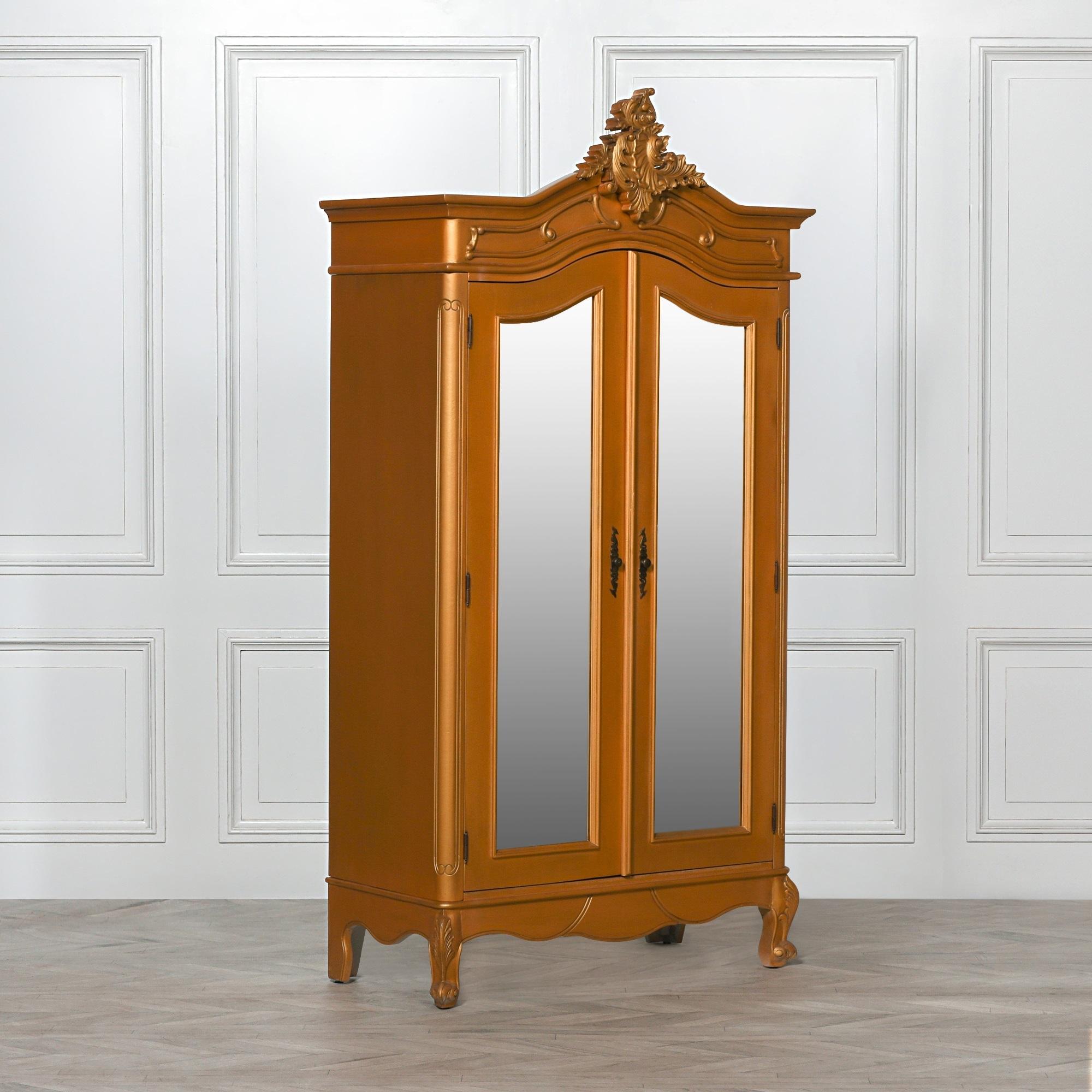 French Style Armoire Wardrobe - Gold Carved - 2 Door Mirror