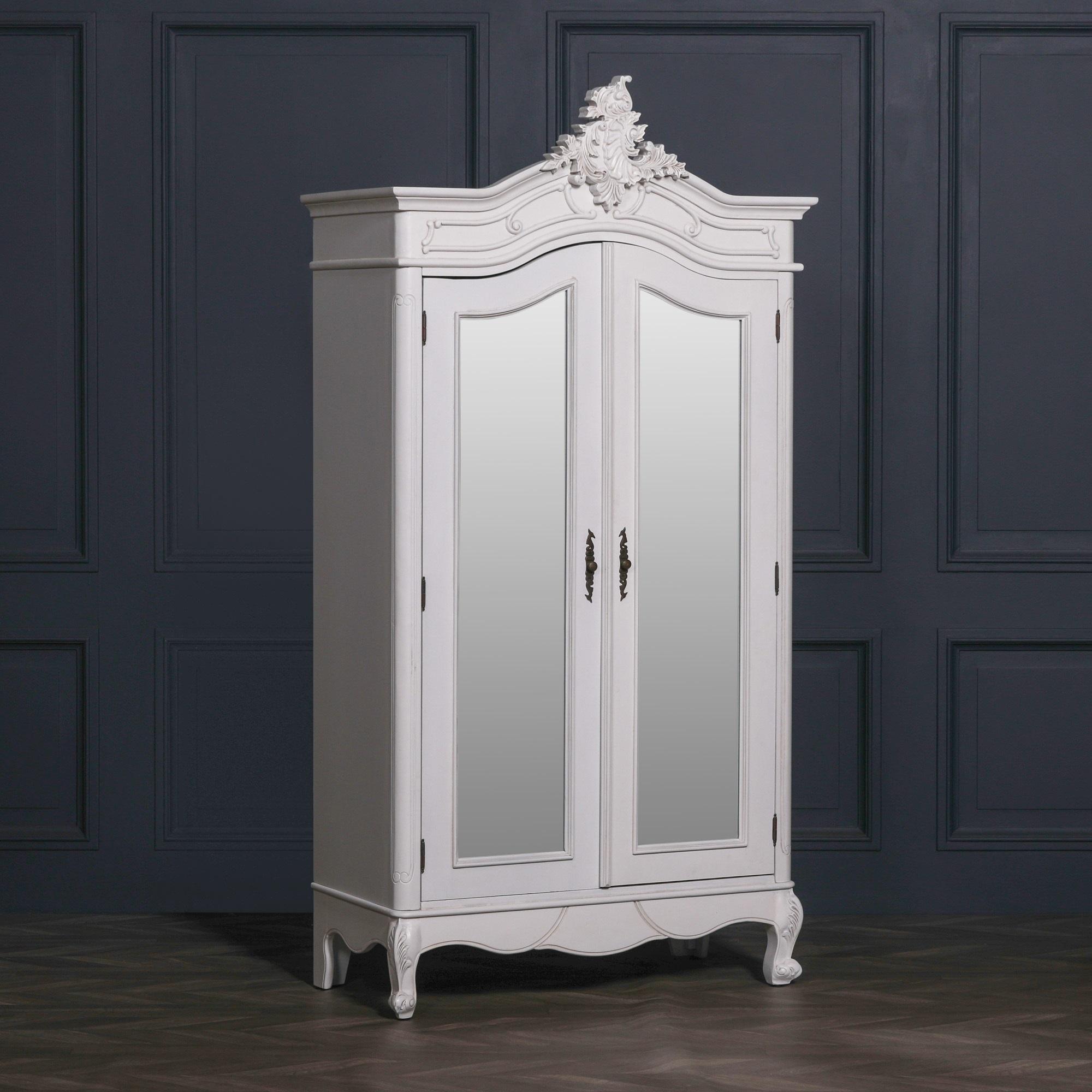 French Style Armoire Wardrobe - Off White Carved - 2 Door Mirror