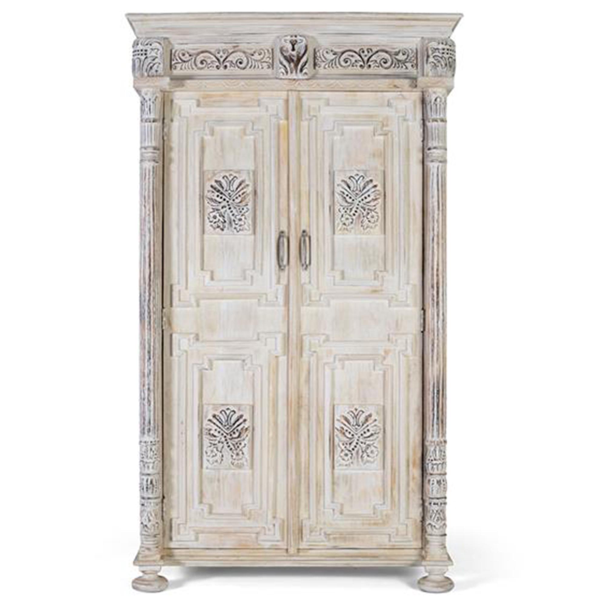 Imbery Wardrobe - 2 Door - Distressed White Carved - Mango Wood