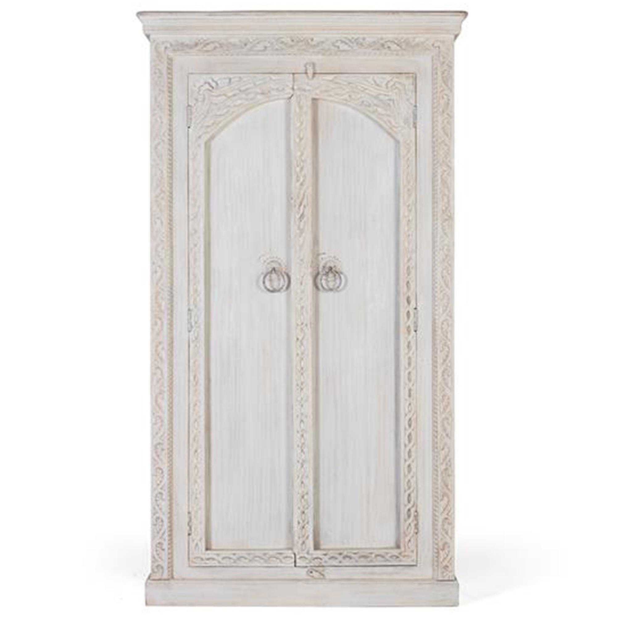 Kahoka Wardrobe - 2 Door - Distressed White Carved - Mango Wood