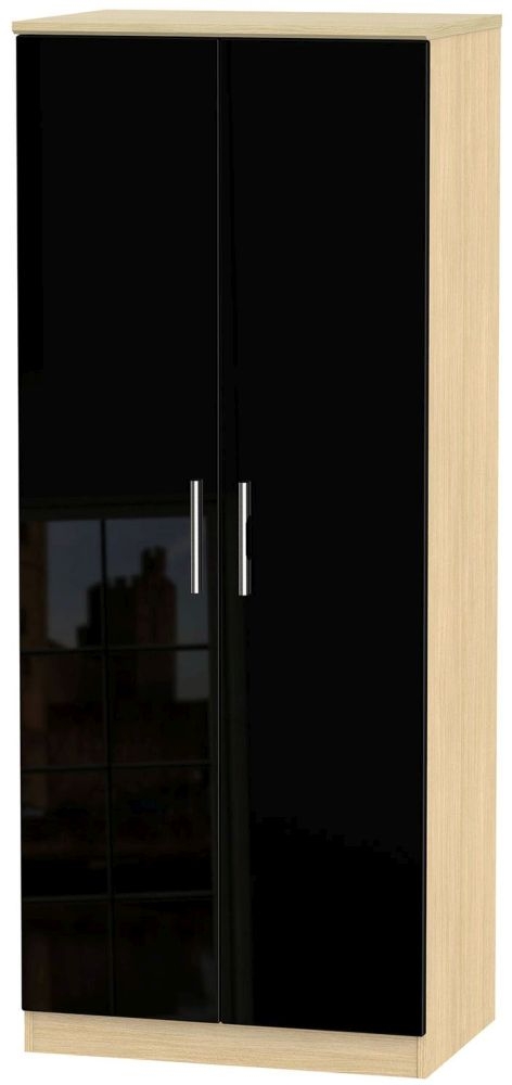 Knightsbridge Plain Wardrobe - 2 Door - Black Gloss and Light Oak