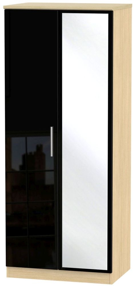 Knightsbridge Wardrobe - 2 Door - 1 Mirror - Black Gloss and Light Oak