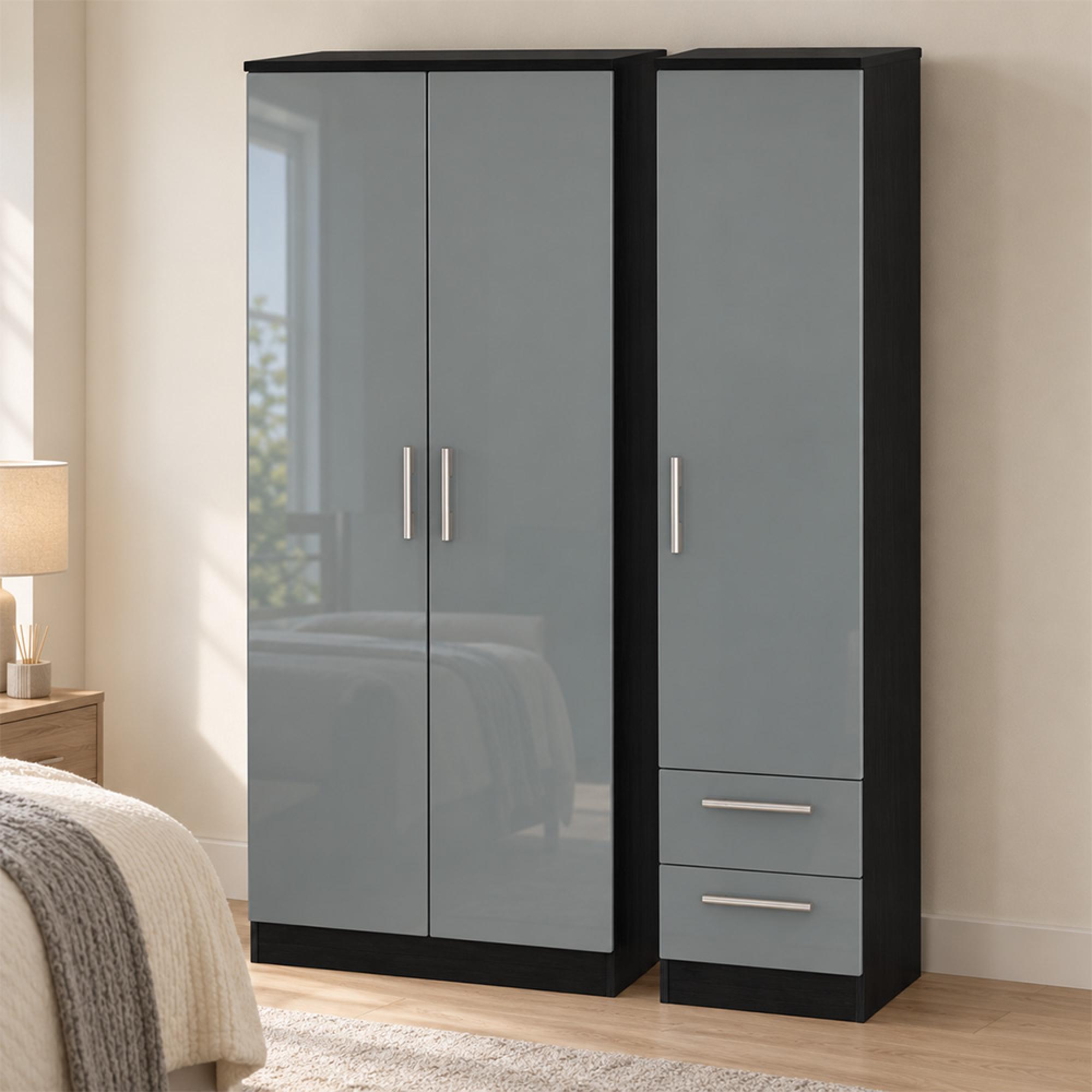 Knightsbridge Grey Gloss and Black 3 Door RHF 2 Drawer Triple Wardrobe