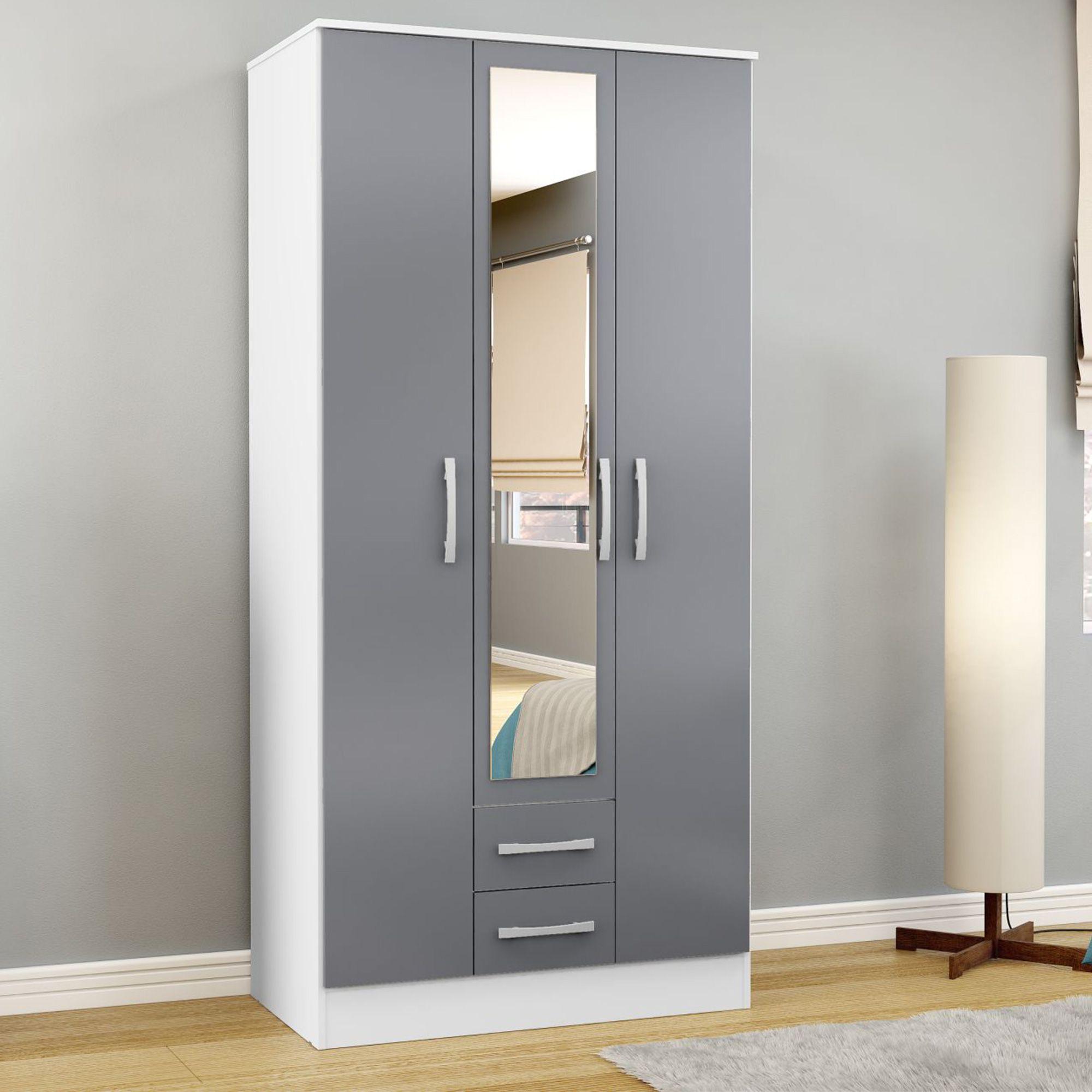 Lynx Combi Wardrobe - 3 Door - 2 Drawer - White and Grey Gloss