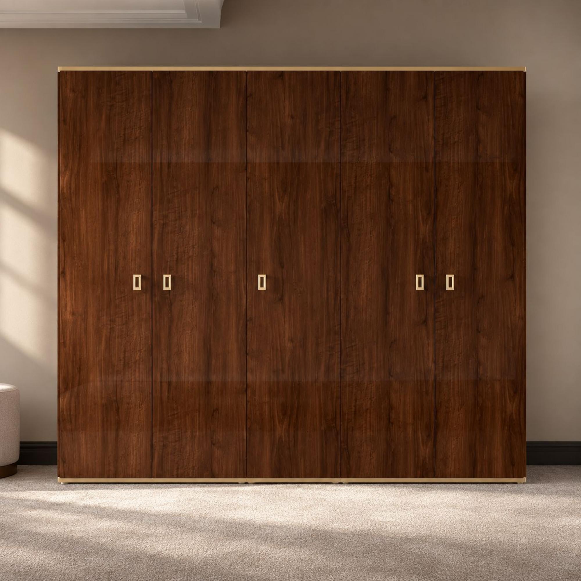 Modern Eva Wardrobe - 5 Door - Walnut with Gold Trim