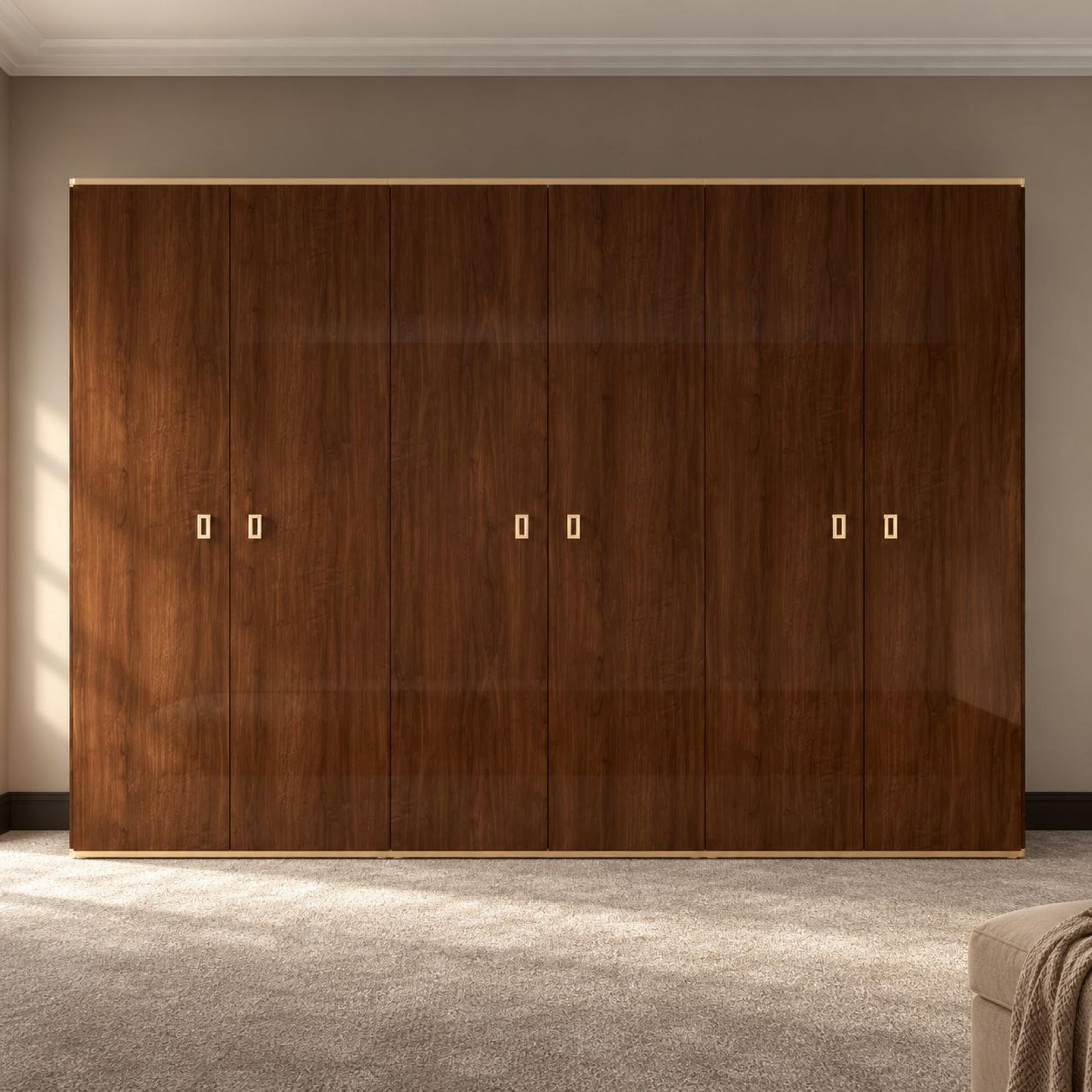 Modern Eva Wardrobe - 6 Door - Walnut with Gold Trim