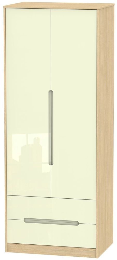 Monaco Wardrobe - 2 Door - 2 Drawer - Tall - Cream Gloss and Light Oak