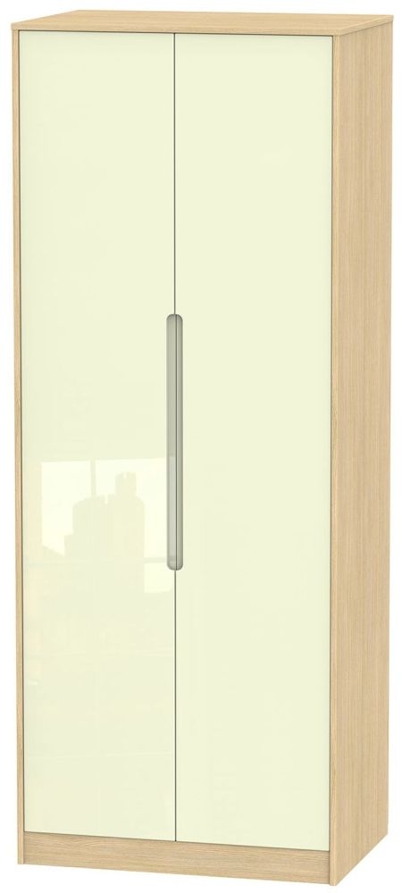 Monaco Wardrobe - 2 Door - Plain - Tall - Cream Gloss and Light Oak