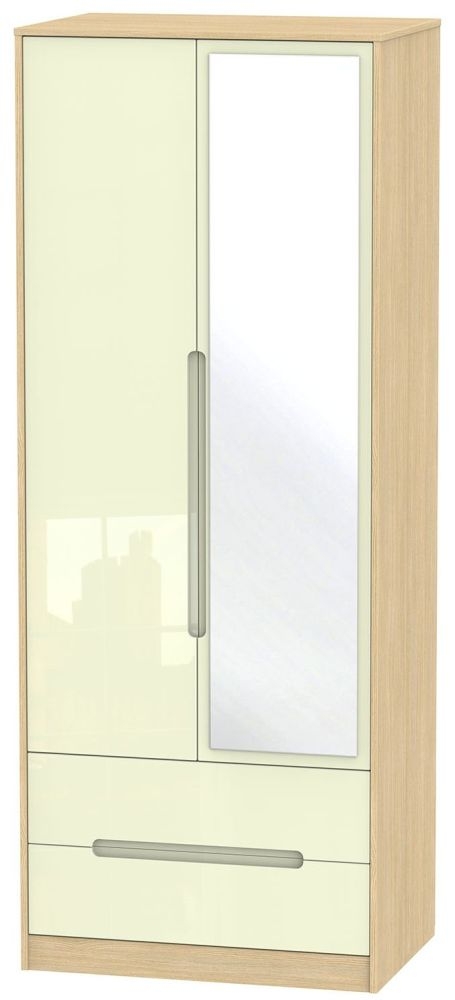 Monaco Wardrobe - 2 Door - 1 Mirror - Tall - Combi - Cream Gloss and Light Oak
