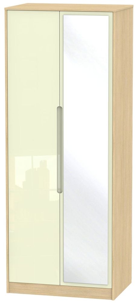 Monaco Wardrobe - 2 Door - 1 Mirror - Tall - Cream Gloss and Light Oak