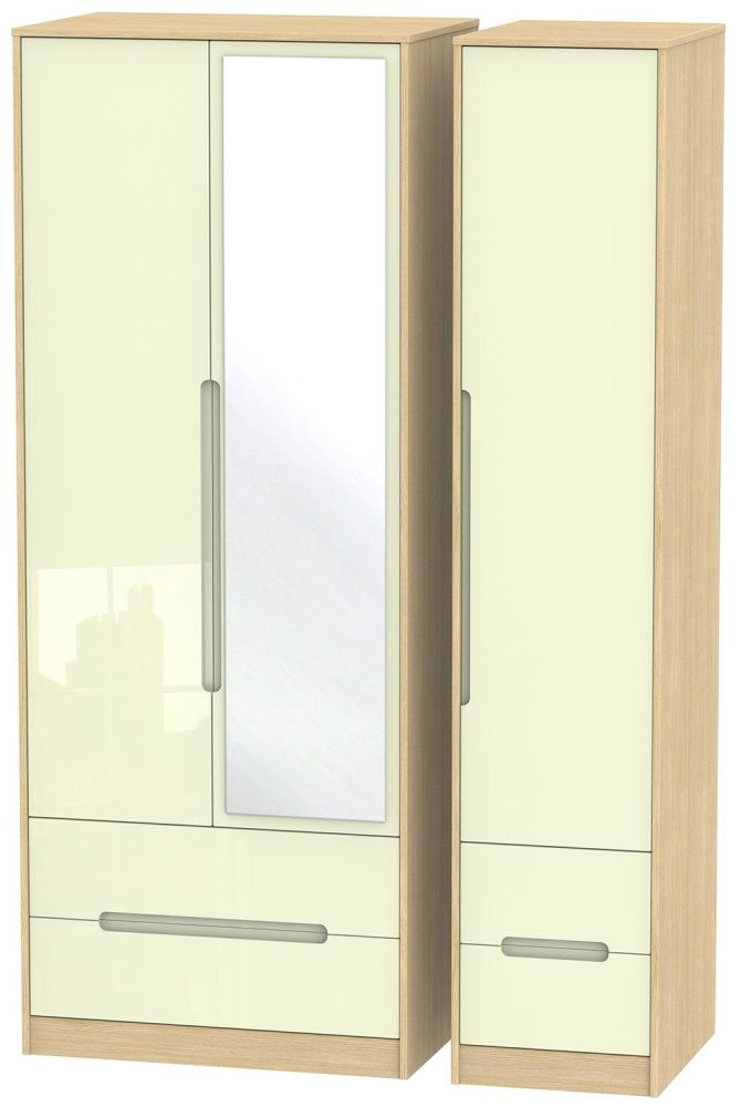 Monaco Wardrobe - 3 Door - 1 Mirror - Tall - Combi - Cream Gloss and Light Oak