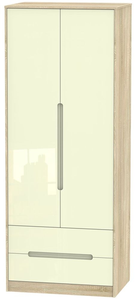Monaco Wardrobe - 2 Door - 2 Drawer - Tall - Cream Gloss and Oak