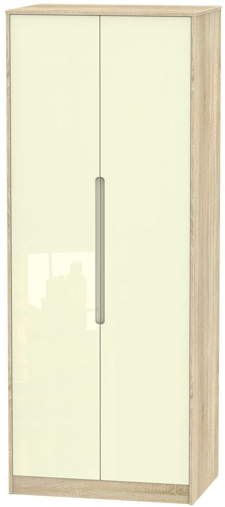 Monaco Wardrobe - 2 Door - Plain - Tall - Cream Gloss and Oak