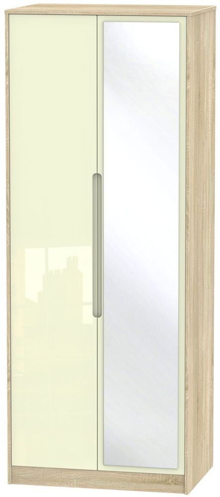 Monaco Wardrobe - 2 Door - Tall - 1 Mirror - Cream Gloss and Oak