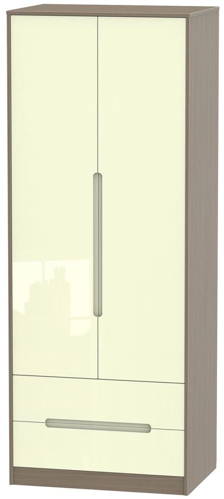Monaco Wardrobe - 2 Door - 2 Drawer - Tall - Cream Gloss and Toronto Walnut
