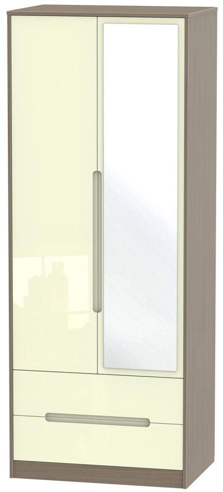 Monaco Wardrobe - 2 Door - 1 Mirror - Tall - Combi - Cream Gloss and Toronto Walnut