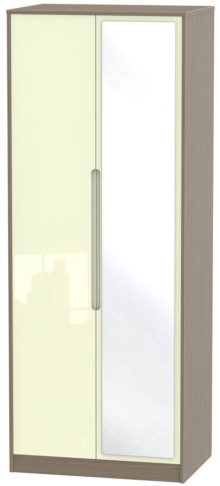 Monaco Wardrobe - 2 Door - 1 Mirror - Tall - Cream Gloss and Toronto Walnut