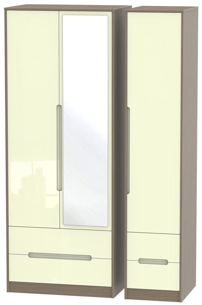 Monaco Wardrobe - 3 Door - 1 Mirror - Tall - Combi - Cream Gloss and Toronto Walnut